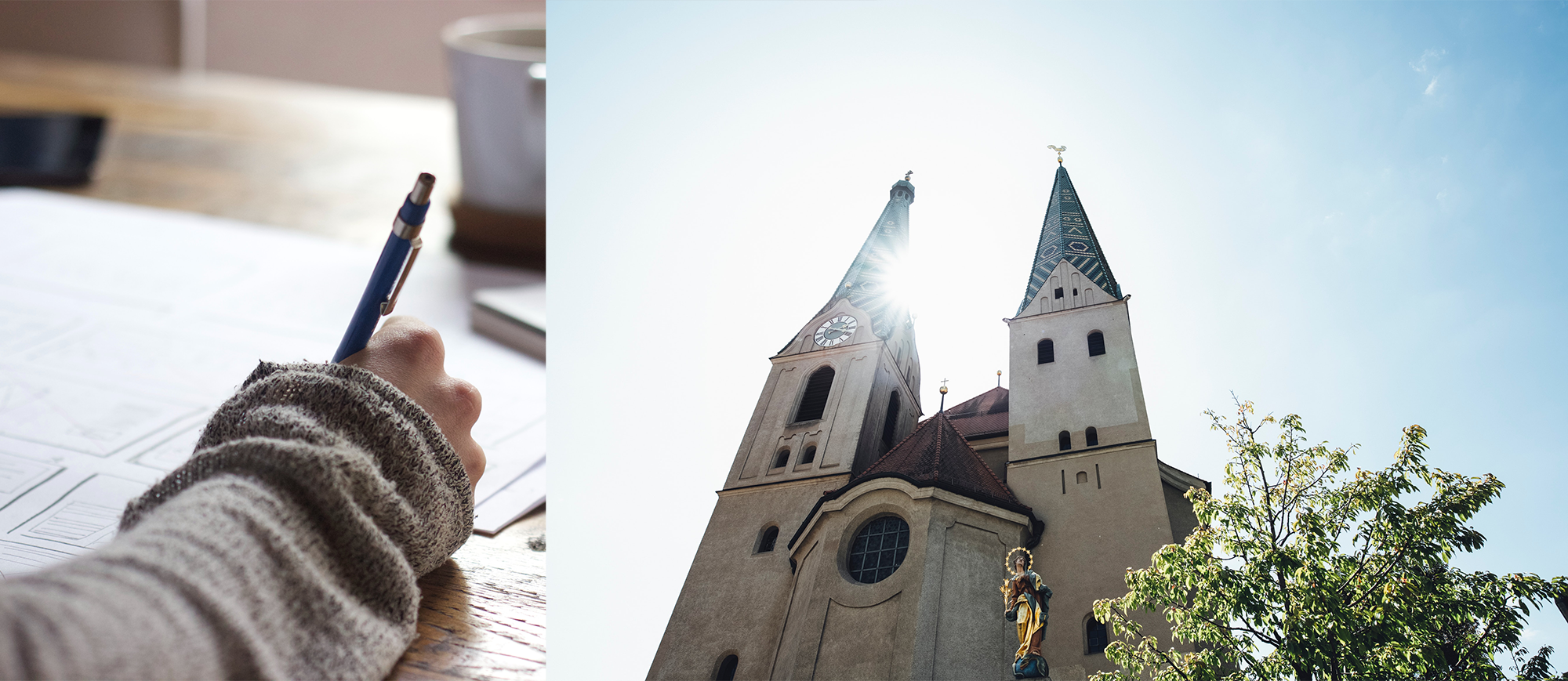 Person writing and picture of a parish 