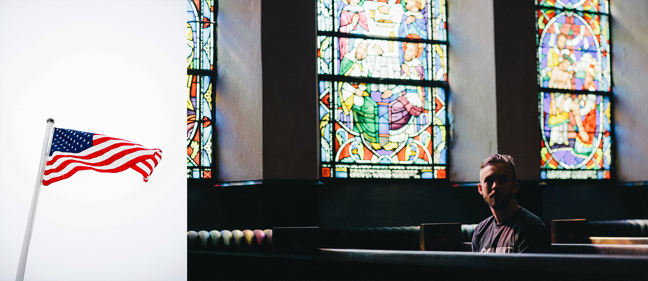 Person praying in a church; American flag 