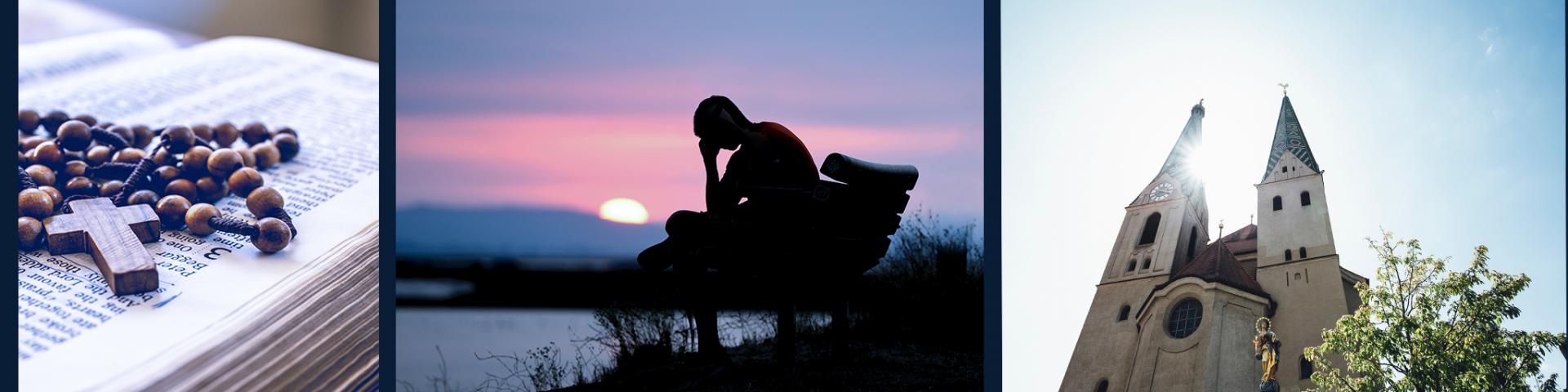 Rosary, person sitting on a bench, church