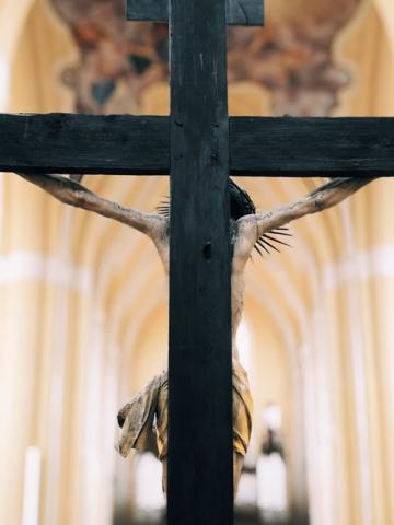 The back of a cross on an altar 