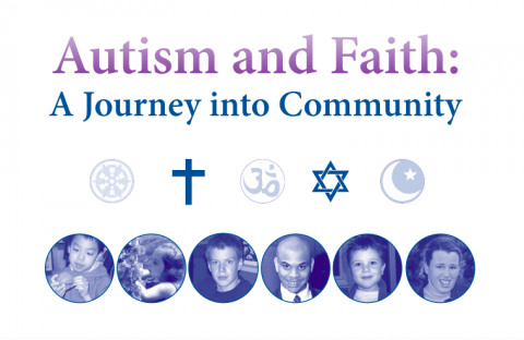 Text: Autism and Faith with religious symbols below 