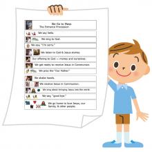 A cartoon of a child holding a mass picture schedule