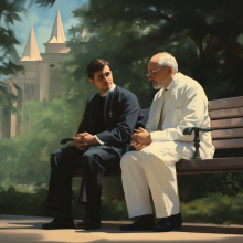 Clergy and doctor talking on park bench