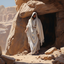 A man in white garments standing in front of a rock hewn tomb