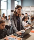 A teacher educating children with laptops